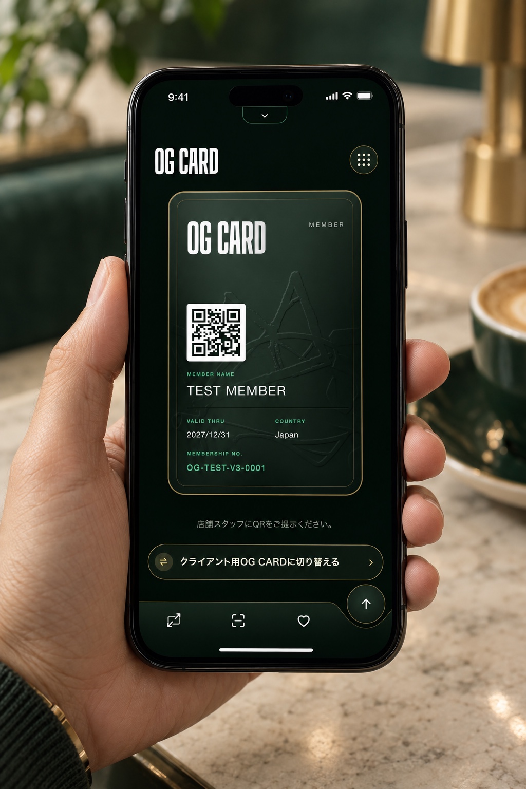 会員画面に表示されたOG Cardと会員QR